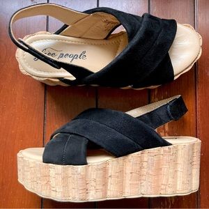Free People Noelle Flatform Sandals Black Velvet Tan Platforms Size 39